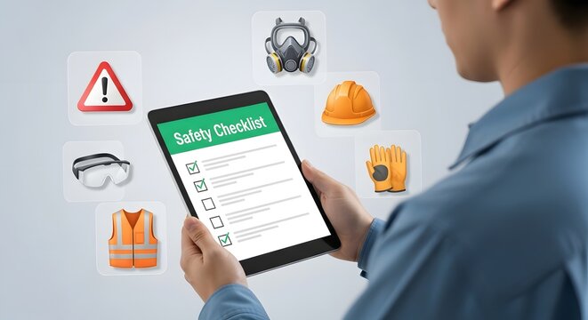 A person using a tablet with a safety checklist for the concept of industrial safety and prevention.