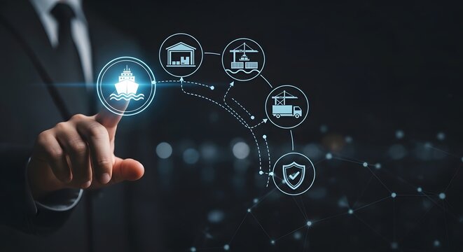 A businessman touching a virtual interface showing supply chain icons, representing logistics and business management.