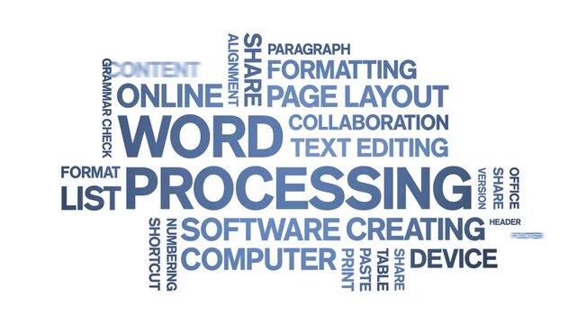 Word Processing animated word cloud-text design animation tag kinetic typography seamless loop.