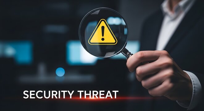 A magnifying glass reveals a yellow warning triangle and the words SECURITY THREAT in a dark, technological setting, conceptualizing cyber danger and data breach.