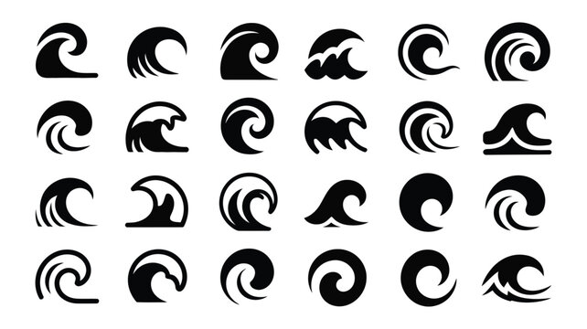 Wave icon set, minimalist ocean sea water and surfing symbols, dynamic crest lines and flowing forms, modern aquatic design elements vector illustration set.
