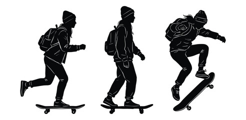 Skateboarders in silhouette with backpacks representing modern urban mobility and youth freedom © 777SKYLABS