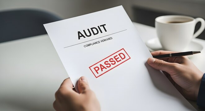 A person reviewing an audit document with a PASSED stamp, symbolizing compliance and successful evaluation.