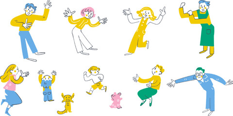 創作の喜びと豊かな表情を描く人物ポーズ集 キャラクター素材のバリエーションと切り出し用パーツ詰め合わせベクターイラスト © gogondayo