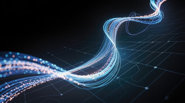 Swirling blue and pink light trails on dark grid background