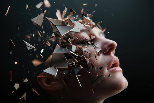 Surreal fragmented portrait of face dissolving into shattered shards, abstract emotional expression, dark background
