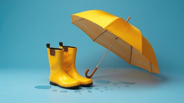 Yellow rain boots and umbrella on blue background, rubber boots
