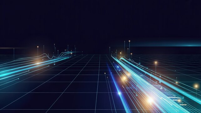 Digital grid with streaking blue and orange light trails