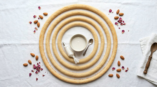 Kransekage Marzipan Rings Flat Lay on White Linen Tablecloth