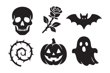 Fototapeta premium Halloween Silhouettes Skull Rose Bat Thorns Pumpkin And Ghost