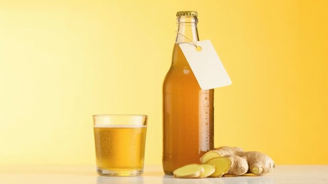 Amber beverage in glass bottle and tumbler with ginger root