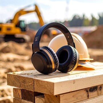 Headphones on lumber near construction site