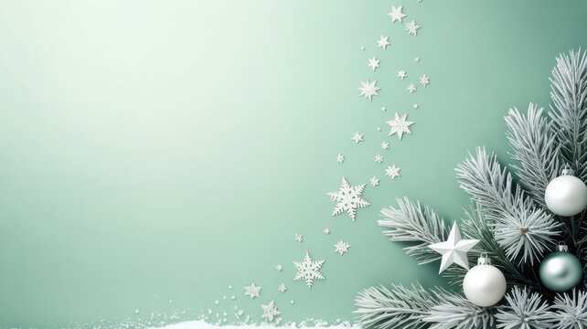 Soft mint green gradient with frosted pine branches and ornaments