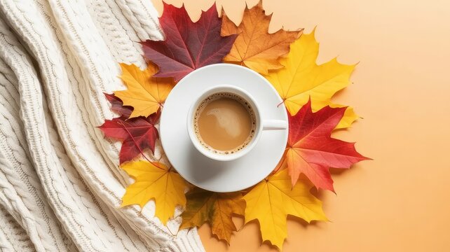 White coffee cup surrounded by autumn maple leaves