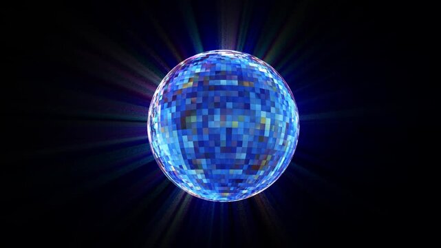 Disco ball rotating under brilliant light beams against a black background in a 3D animation loop for nightlife entertainment projects