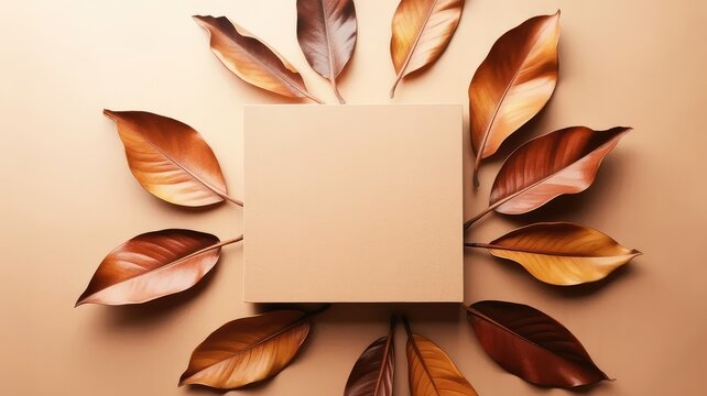 Magnolia leaves arranged around a square box autumn leaves