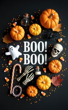 Halloween boo! composition with pumpkins, ghost, skull, and candy