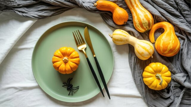 Sage green plate with pumpkin, fork, knife, and spider decoration