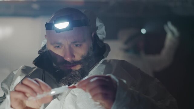 White technician under lamp carefully unwraps and tests suspected nuclear sample, focused gloved hands, respirator visible, monitoring and logging procedure in dim bunker lab, atmosphere of urgency