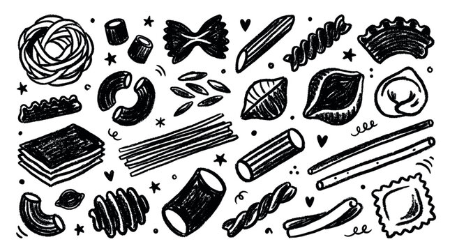 Various hand-drawn pasta shapes and Italian food elements create a charming, rustic black and white pattern on a clean background