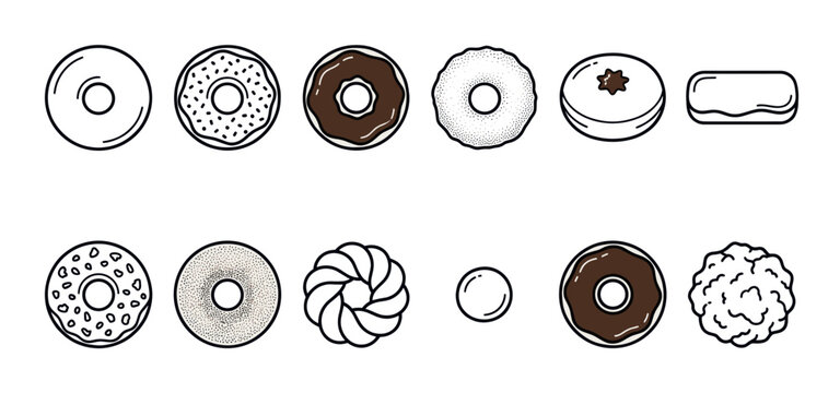 Collection of various hand-drawn donut and pastry icons in a simple line art style on a clean white background