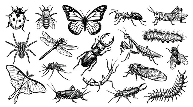 Detailed collection of various insects and arachnids in a classic black and white engraved style on a clean white background