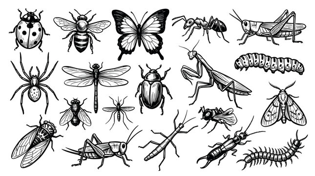Various hand-drawn insect and bug illustrations, including a ladybug, bee, butterfly, and grasshopper, arranged on a clean white background