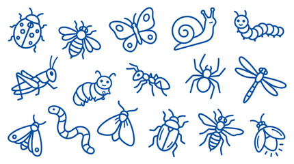 Fototapeta premium Various blue outline cartoon insects and bugs are playfully arranged on a clean white background, creating a simple graphic pattern