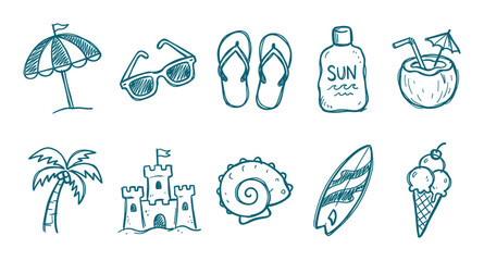 Fototapeta premium Collection of hand-drawn blue outline summer beach vacation icons, including an umbrella, sunglasses, flip-flops, sunscreen, coconut drink, palm tree, sandcastle, seashell, surfboard, and