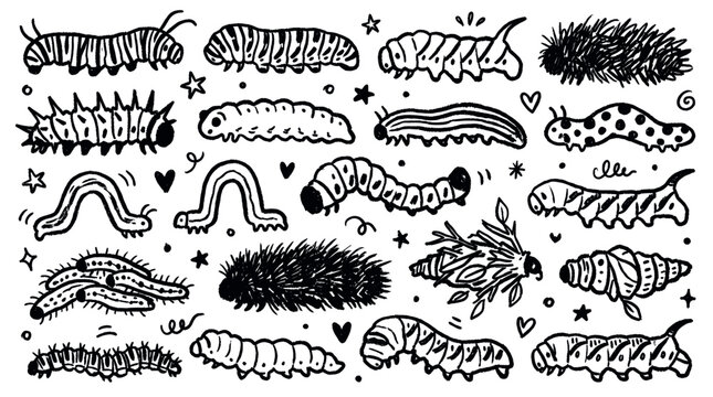 Various hand-drawn black and white caterpillars with different shapes, textures, and patterns on a clean white background