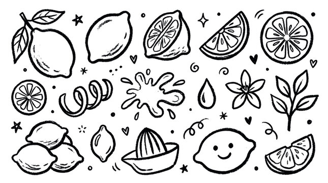 Hand-drawn black and white lemon fruit doodle set with whole, sliced, and juicer elements on a clean white background