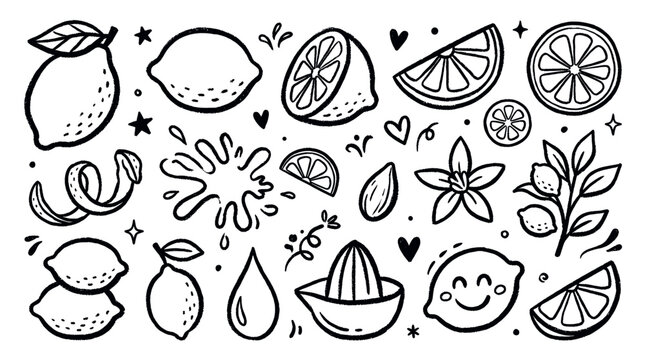 Hand-drawn black and white lemon doodle set featuring whole fruits, slices, juice splashes, and a happy lemon, isolated on a clean white background