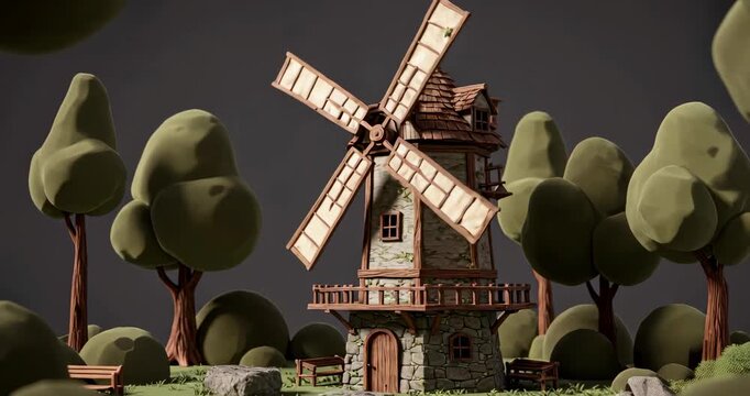 Whimsical windmill surrounded by stylized trees in animated style  