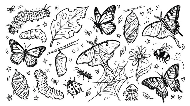 Various hand-drawn insect life cycle elements, including butterflies, moths, caterpillars, pupae, and other nature doodles on a white background