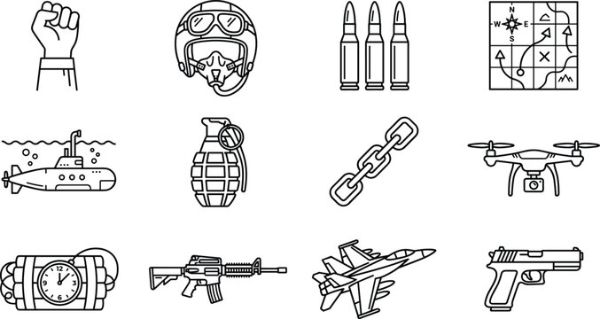 Military and war thin line icon set with weapon equipment including grenades and fighter jet vector design.