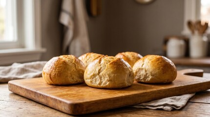 Fototapeta premium Freshly baked rolls on wooden board rustic kitchen setting