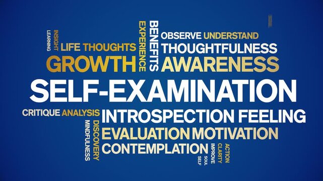 Self-Examination animated word cloud-text design animation tag kinetic typography seamless loop.