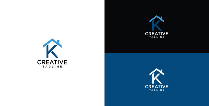 Stylish K letter logo design with an integrated house roof element, offering a modern and elegant branding solution for real estate, home services