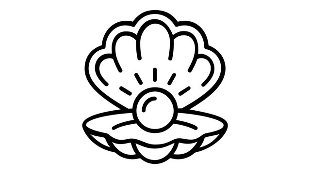 Open clam shell with a pearl inside vector icon. Minimalist line art illustration of a seashell oyster with a precious gem. Marine life symbol for nature, ocean, and luxury jewelry design.