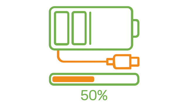 Green and orange battery charging status line icon vector illustration showing energy level and USB cable connection for mobile power, electronic devices, and energy management concepts.