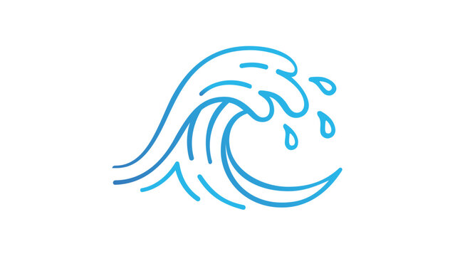 Blue Gradient Ocean Water Rolling Waves Line Icon Vector Illustration, Minimalist Sea Wave with Splashes and Droplets for Nautical, Surfing, Beach, and Marine Environment Design Projects.