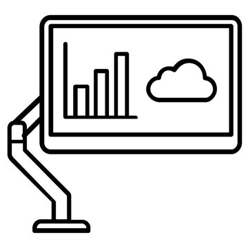 Desktop computer monitor vector icon illustration featuring a bar chart and cloud computing symbol on the screen, representing data analytics, cloud storage, and business technology solutions.