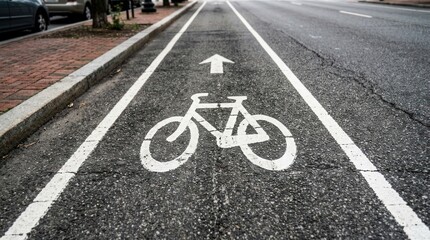 Obraz premium Bike lane marking with directional arrow on asphalt road surface