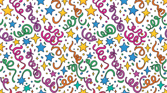 Colorful party seamless pattern vector illustration with festive birthday streamers, stars, and bright confetti sprinkles on white background.