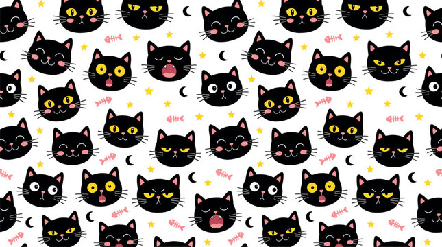 Cute black cat seamless pattern vector illustration featuring cartoon kitten faces with different emotions, stars, moons, and fish bones.