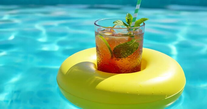 Refreshing cocktail in glass resting on yellow float in swimming pool  
