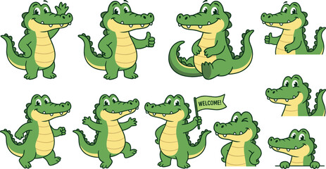 Cute cartoon crocodile character vector icons set with friendly alligator mascot posing waving thumbs up and holding welcome sign isolated on white background. © Mdjony