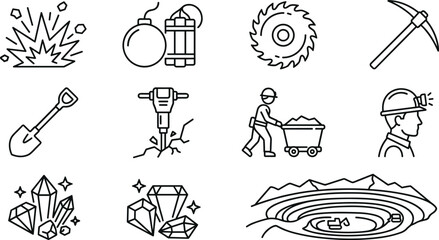 Mining and digging icons set explosion bomb dynamite saw pickaxe shovel jackhammer cart miner crystals gems quarry. © Emongrapic