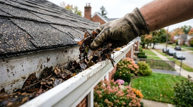 Gutter cleaning service hand removing debris from white rain gutters
