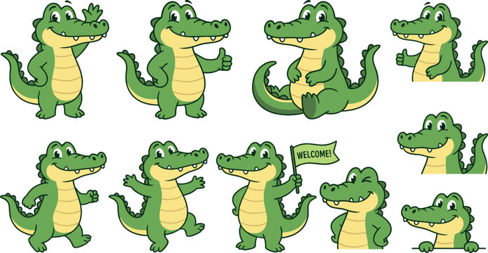 Cute cartoon crocodile character vector icons set with friendly alligator mascot posing waving thumbs up and holding welcome sign isolated on white background.